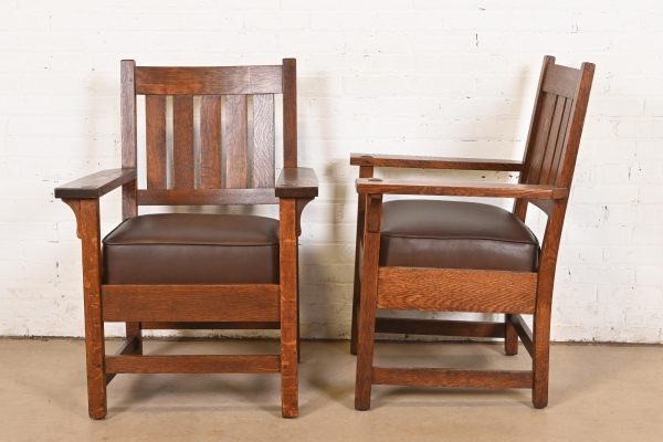 Gustav Stickley Antique Mission Oak Arts & Crafts Arm Chairs, Pair - Image 8