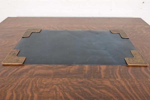 Tiffany Studios New York Zodiac Bronze Blotter Corners With Leather Desk Blotter - Image 2