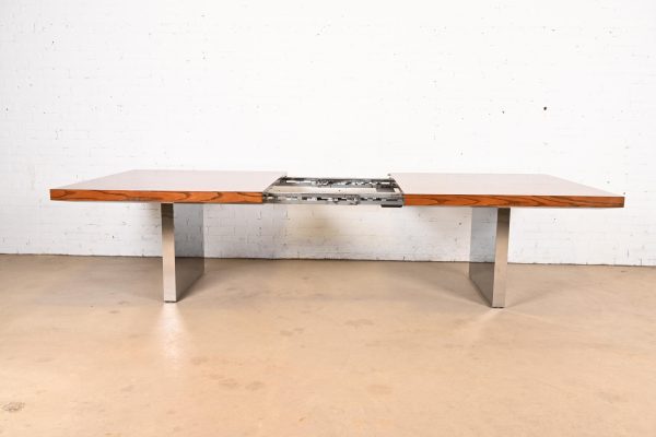 Roger Sprunger for Dunbar Mid-Century Modern Oak and Chrome Extension Dining Table, Newly Refinished - Image 6