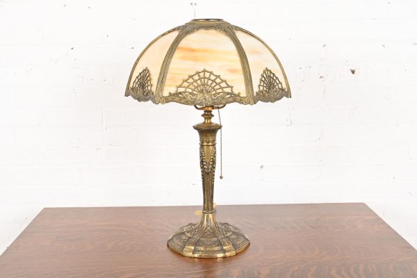 Antique Art Nouveau Slag Glass Table Lamp in the Manner of Handel, Circa 1920s