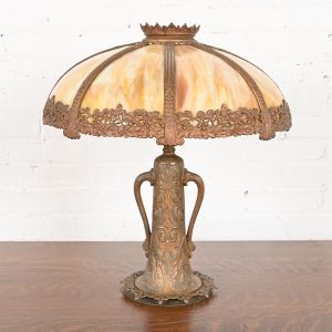 Antique Art Nouveau Slag Glass Table Lamp in the Manner of Handel, Circa 1920s