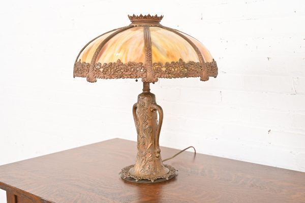 Antique Art Nouveau Slag Glass Table Lamp in the Manner of Handel, Circa 1920s - Image 3