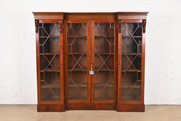 Antique English Georgian Carved Flame Mahogany Triple Bookcase Cabinet, Circa 1900 - Image 2