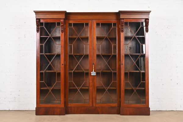 Antique English Georgian Carved Flame Mahogany Triple Bookcase Cabinet, Circa 1900