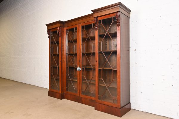 Antique English Georgian Carved Flame Mahogany Triple Bookcase Cabinet, Circa 1900 - Image 3