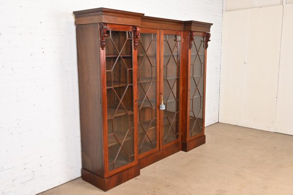 Antique English Georgian Carved Flame Mahogany Triple Bookcase Cabinet, Circa 1900 - Image 4