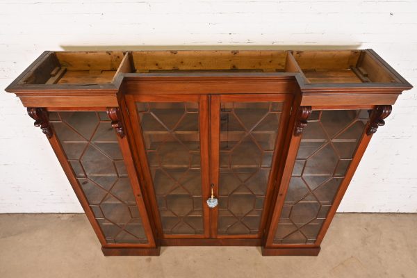 Antique English Georgian Carved Flame Mahogany Triple Bookcase Cabinet, Circa 1900 - Image 7