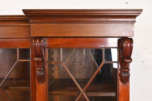 Antique English Georgian Carved Flame Mahogany Triple Bookcase Cabinet, Circa 1900 - Image 6