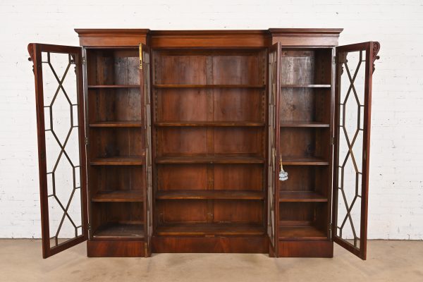 Antique English Georgian Carved Flame Mahogany Triple Bookcase Cabinet, Circa 1900 - Image 5