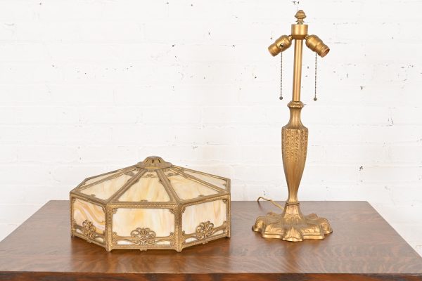 Antique Art Nouveau Slag Glass Table Lamp in the Manner of Handel, Circa 1910 - Image 8