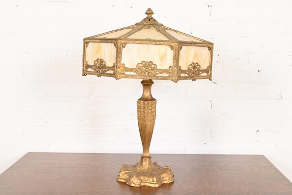 Antique Art Nouveau Slag Glass Table Lamp in the Manner of Handel, Circa 1910