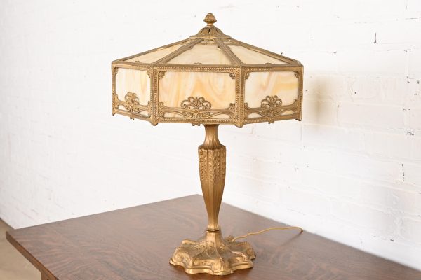 Antique Art Nouveau Slag Glass Table Lamp in the Manner of Handel, Circa 1910 - Image 2