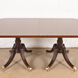 Baker Furniture Georgian Banded Mahogany Double Pedestal Dining Table, Newly Refinished