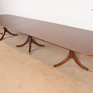 Baker Furniture Style Georgian Mahogany Monumental Triple Pedestal Extension Dining Table, Newly Refinished