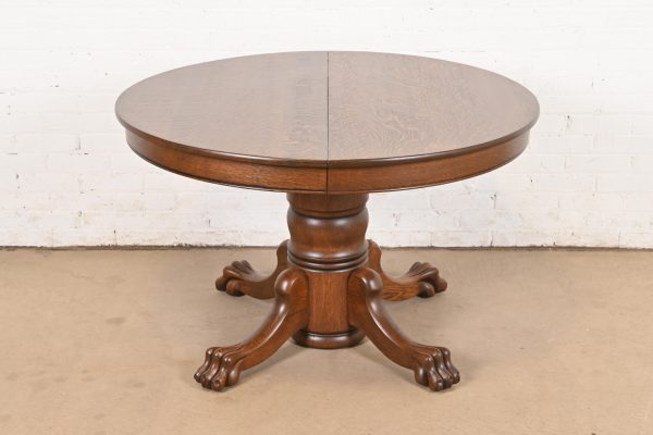 R. J. Horner Style Antique Victorian Oak Pedestal Extension Dining Table With Lion Paw Feet, Newly Refinished