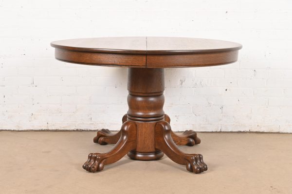 R. J. Horner Style Antique Victorian Oak Pedestal Extension Dining Table With Lion Paw Feet, Newly Refinished - Image 2
