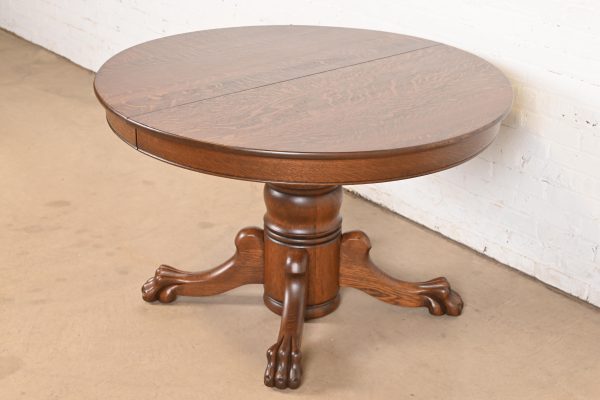 R. J. Horner Style Antique Victorian Oak Pedestal Extension Dining Table With Lion Paw Feet, Newly Refinished - Image 3