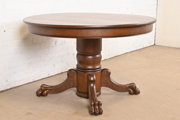 R. J. Horner Style Antique Victorian Oak Pedestal Extension Dining Table With Lion Paw Feet, Newly Refinished - Image 4