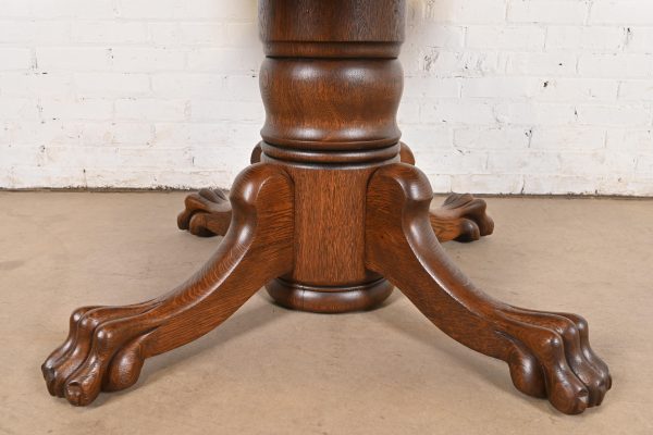 R. J. Horner Style Antique Victorian Oak Pedestal Extension Dining Table With Lion Paw Feet, Newly Refinished - Image 10