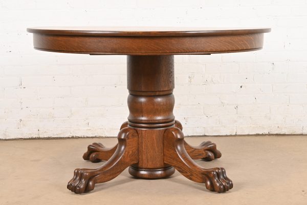R. J. Horner Style Antique Victorian Oak Pedestal Extension Dining Table With Lion Paw Feet, Newly Refinished - Image 11