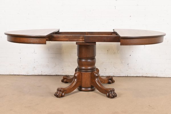 R. J. Horner Style Antique Victorian Oak Pedestal Extension Dining Table With Lion Paw Feet, Newly Refinished - Image 6