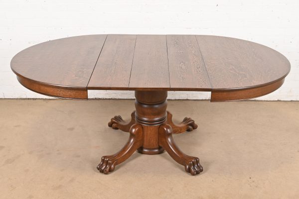 R. J. Horner Style Antique Victorian Oak Pedestal Extension Dining Table With Lion Paw Feet, Newly Refinished - Image 7