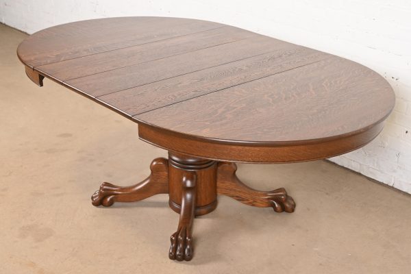 R. J. Horner Style Antique Victorian Oak Pedestal Extension Dining Table With Lion Paw Feet, Newly Refinished - Image 8