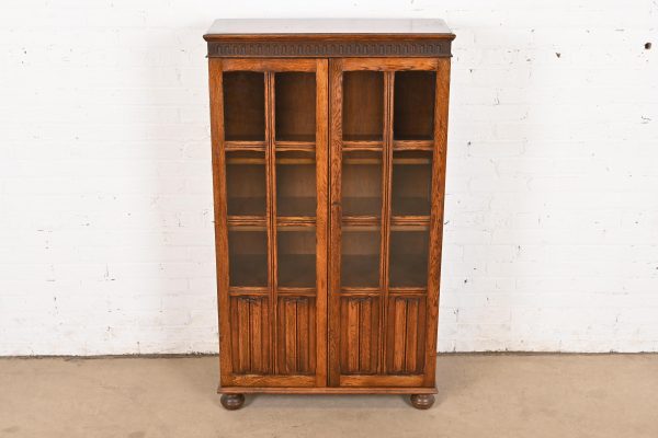 Antique English Tudor Carved Oak Glass Front Bookcase Cabinet, Circa 1920s - Image 2