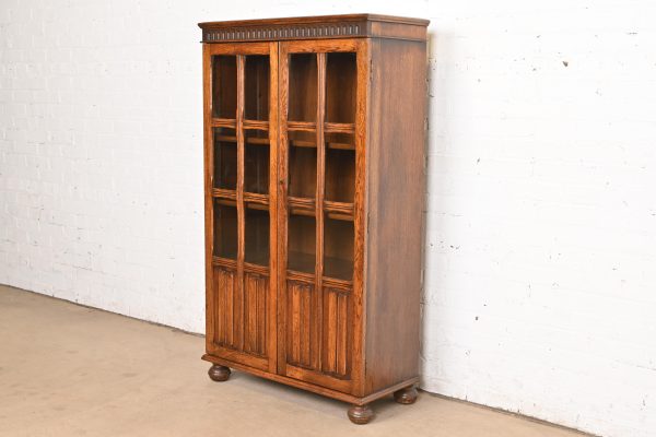 Antique English Tudor Carved Oak Glass Front Bookcase Cabinet, Circa 1920s - Image 3