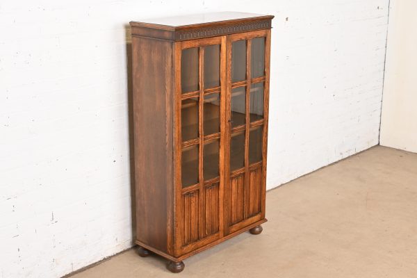 Antique English Tudor Carved Oak Glass Front Bookcase Cabinet, Circa 1920s - Image 4