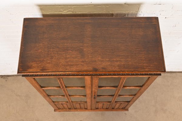 Antique English Tudor Carved Oak Glass Front Bookcase Cabinet, Circa 1920s - Image 9