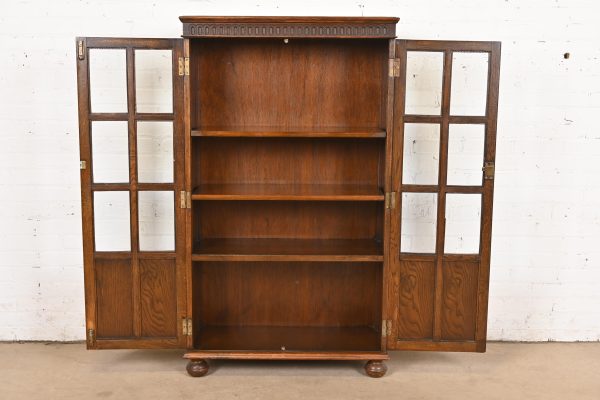 Antique English Tudor Carved Oak Glass Front Bookcase Cabinet, Circa 1920s - Image 5