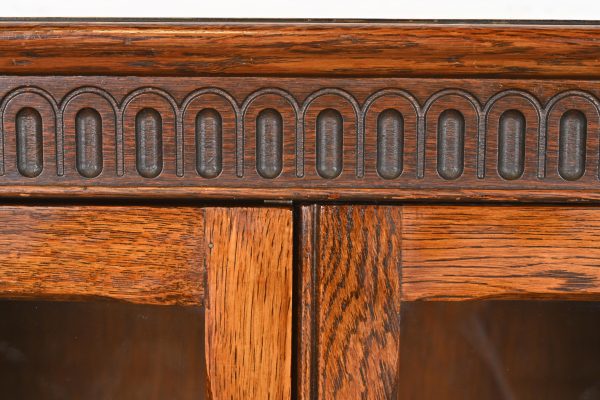 Antique English Tudor Carved Oak Glass Front Bookcase Cabinet, Circa 1920s - Image 8