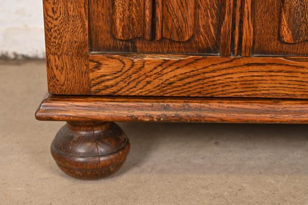 Antique English Tudor Carved Oak Glass Front Bookcase Cabinet, Circa 1920s - Image 7