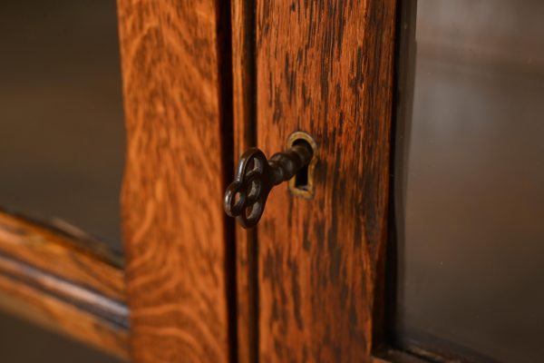 Antique English Tudor Carved Oak Glass Front Bookcase Cabinet, Circa 1920s - Image 6