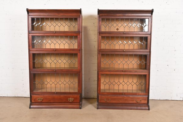 Globe Wernicke Antique Arts & Crafts Mahogany Four-Stack Barrister Bookcases With Leaded Glass Doors, Pair