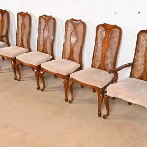Queen Anne Solid Walnut and Cane High Back Dining Chairs by Mount Airy Furniture, Set of Six