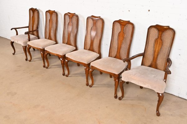 Queen Anne Solid Walnut and Cane High Back Dining Chairs by Mount Airy Furniture, Set of Six
