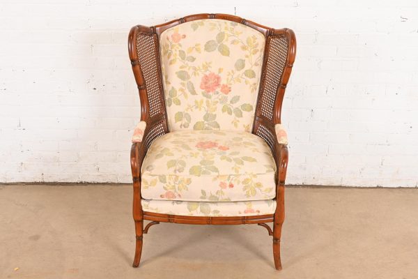 Ethan Allen Regency Faux Bamboo and Cane Wingback Upholstered Lounge Chair - Image 2