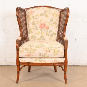 Ethan Allen Regency Faux Bamboo and Cane Wingback Upholstered Lounge Chair