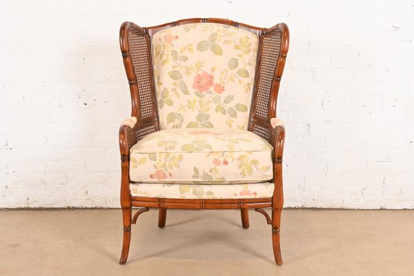 Ethan Allen Regency Faux Bamboo and Cane Wingback Upholstered Lounge Chair