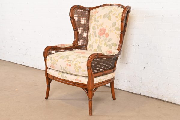 Ethan Allen Regency Faux Bamboo and Cane Wingback Upholstered Lounge Chair - Image 3