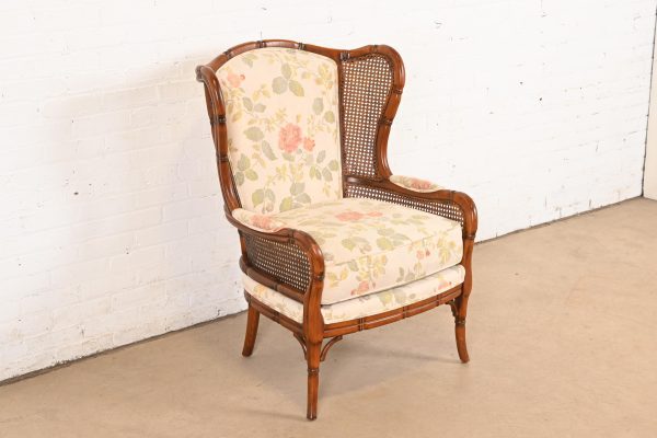 Ethan Allen Regency Faux Bamboo and Cane Wingback Upholstered Lounge Chair - Image 4