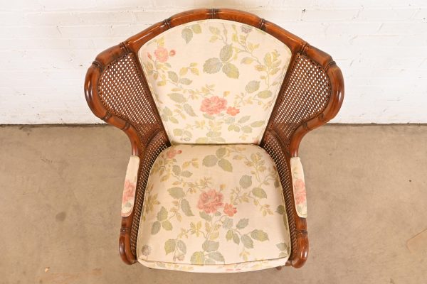 Ethan Allen Regency Faux Bamboo and Cane Wingback Upholstered Lounge Chair - Image 5