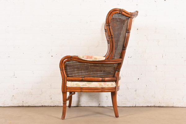 Ethan Allen Regency Faux Bamboo and Cane Wingback Upholstered Lounge Chair - Image 9