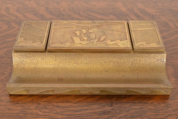 Silver Crest Arts & Crafts Nautical Bronze Double Inkwell With Pen Tray - Image 2