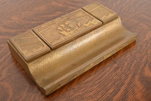 Silver Crest Arts & Crafts Nautical Bronze Double Inkwell With Pen Tray