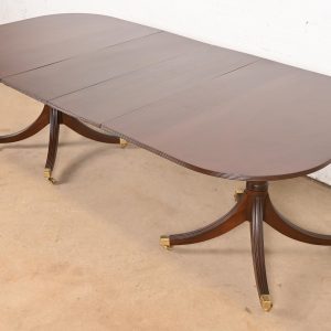 Baker Furniture Style Georgian Mahogany Double Pedestal Extension Dining Table, Newly Refinished