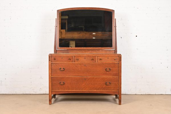 Limbert Antique Mission Oak Arts & Crafts Vanity Dresser With Mirror, Circa 1900