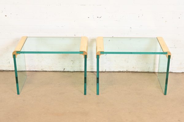Leon Rosen for Pace Collection Mid-Century Modern Hollywood Regency Brass and Glass Waterfall Side Tables, Pair - Image 3